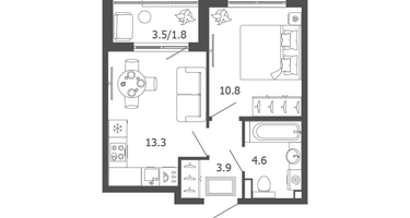 1-к. квартира, 34&nbsp;м²