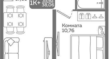 1-к. квартира, 35 м²