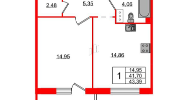 1-к. квартира, 43&nbsp;м²