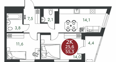 2-к. квартира, 55&nbsp;м²