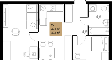 2-к. квартира, 47&nbsp;м²