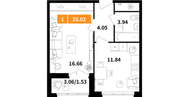 1-к. квартира, 38 м²