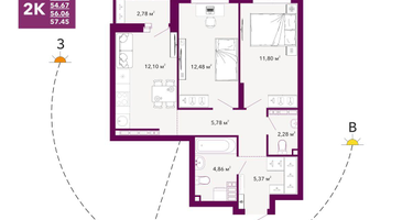 2-к. квартира, 56&nbsp;м²