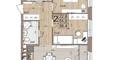 2-к. квартира, 58&nbsp;м²