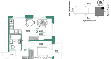 2-к. квартира, 42 м²