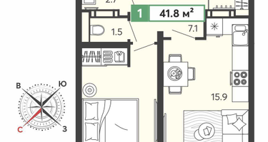 1-к. квартира, 41&nbsp;м²