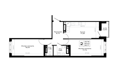 2-к. квартира, 66&nbsp;м²
