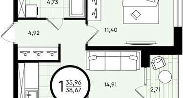 1-к. квартира, 38&nbsp;м²
