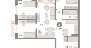 3-к. квартира, 84&nbsp;м²