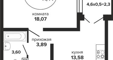 1-к. квартира, 42&nbsp;м²
