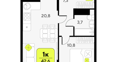 1-к. квартира, 42 м²
