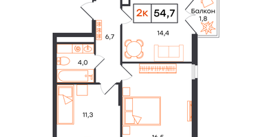 2-к. квартира, 54 м²