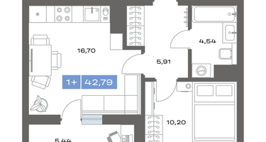 1-к. квартира, 42&nbsp;м²