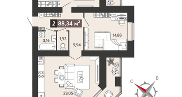 2-к. квартира, 88&nbsp;м²