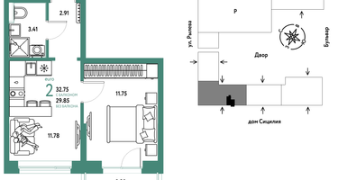 2-к. квартира, 32&nbsp;м²