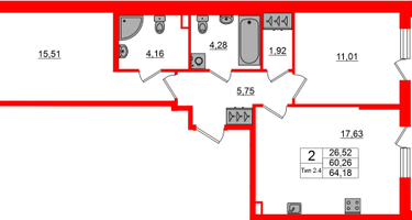 2-к. квартира, 60 м²