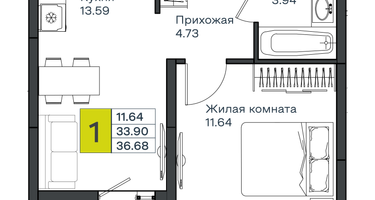 1-к. квартира, 36&nbsp;м²