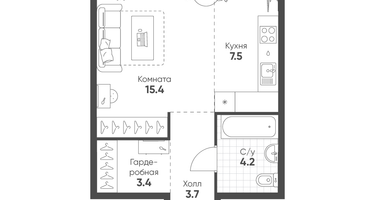 1-к. квартира, 34&nbsp;м²