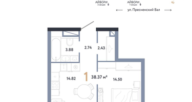 1-к. квартира, 38&nbsp;м²