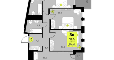3-к. квартира, 82 м²