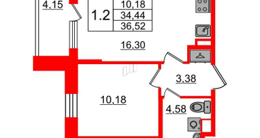 1-к. квартира, 34&nbsp;м²