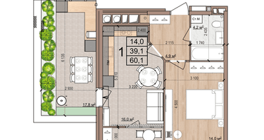 1-к. квартира, 60&nbsp;м²