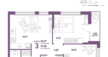 3-к. квартира, 54&nbsp;м²