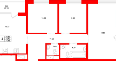 3-к. квартира, 74 м²