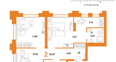 2-к. квартира, 54&nbsp;м²