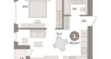 1-к. квартира, 45 м²