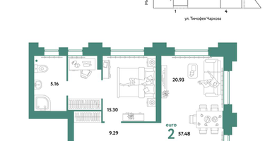 2-к. квартира, 57&nbsp;м²