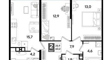 2-к. квартира, 59&nbsp;м²
