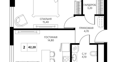 2-к. квартира, 42 м²