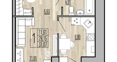 1-к. квартира, 31&nbsp;м²