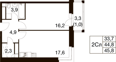 1-к. квартира, 44&nbsp;м²