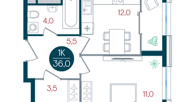 1-к. квартира, 36 м²