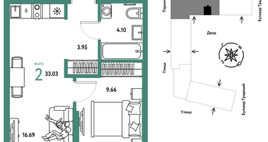 2-к. квартира, 33&nbsp;м²