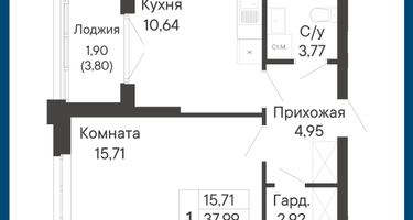 1-к. квартира, 39&nbsp;м²
