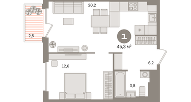 1-к. квартира, 45&nbsp;м²