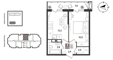 1-к. квартира, 44&nbsp;м²