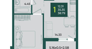1-к. квартира, 38&nbsp;м²