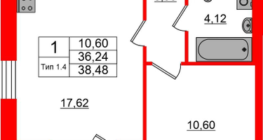 1-к. квартира, 36&nbsp;м²