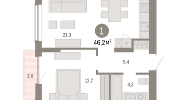 1-к. квартира, 45&nbsp;м²
