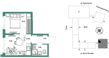 2-к. квартира, 27 м²