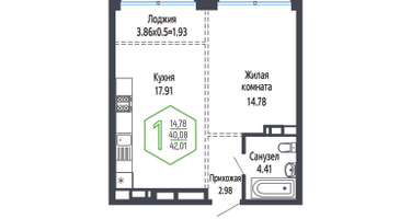 1-к. квартира, 42&nbsp;м²