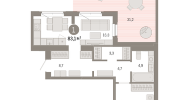 1-к. квартира, 96 м²