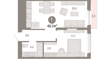 1-к. квартира, 49&nbsp;м²