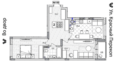 2-к. квартира, 62&nbsp;м²