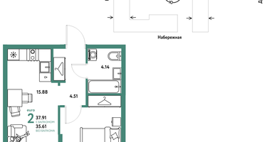 2-к. квартира, 37 м²