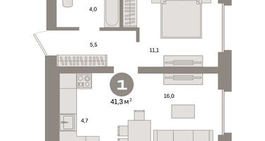 1-к. квартира, 41 м²